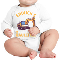 Kids Excavator Five Years  Construction Site  5th Birthday Boy Digger Long Sleeve Baby Bodysuit | Artistshot