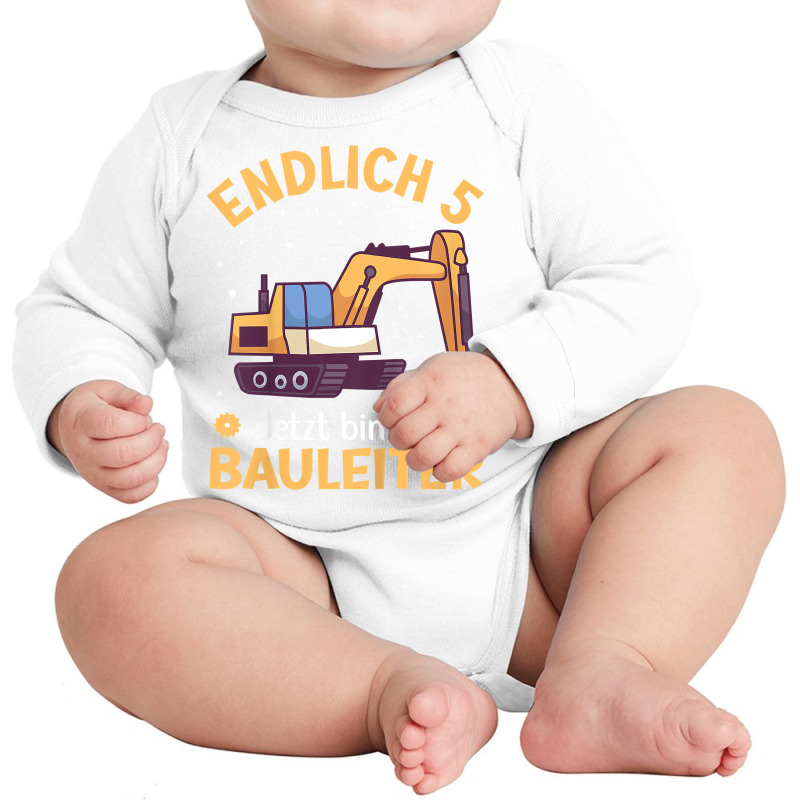 Kids Excavator Five Years  Construction Site  5th Birthday Boy Digger Long Sleeve Baby Bodysuit by omano | Artistshot