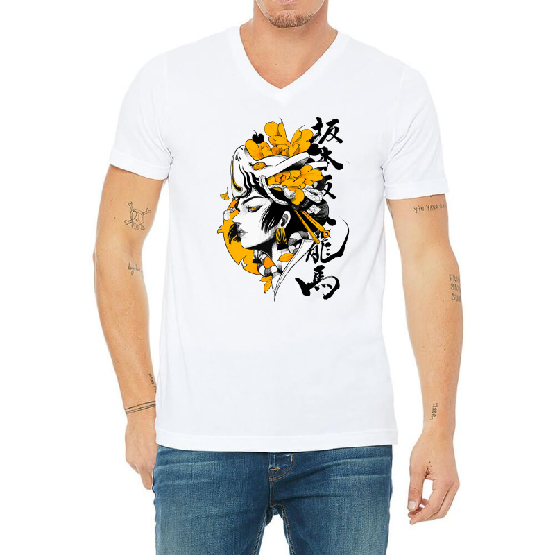 Japanese Samurai Geisha Mask Colorful Modern Urban Style V-neck Tee | Artistshot