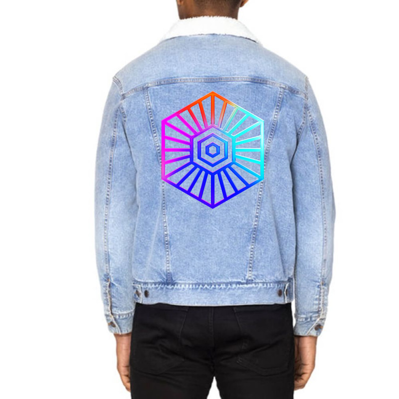 Neon Geometric Glyph Mandala Sigil Rune Sign Seal Cool Blue And Violet Unisex Sherpa-Lined Denim Jacket by irildarnen | Artistshot