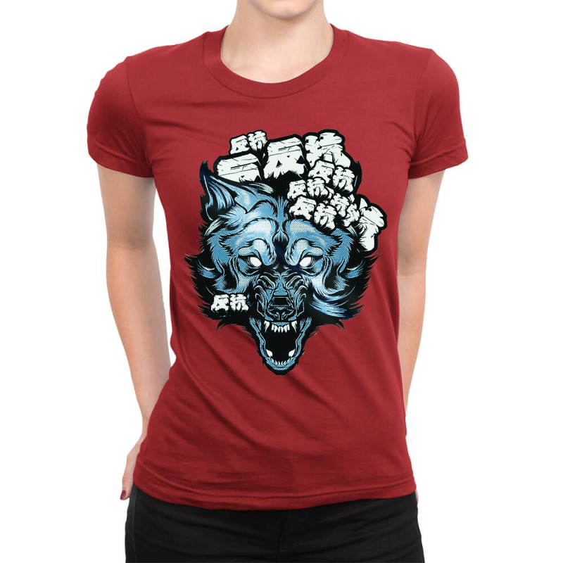 Wolf Japanese Letters Urban Style Blue Color Ladies Fitted T-Shirt by mayassmayotx | Artistshot