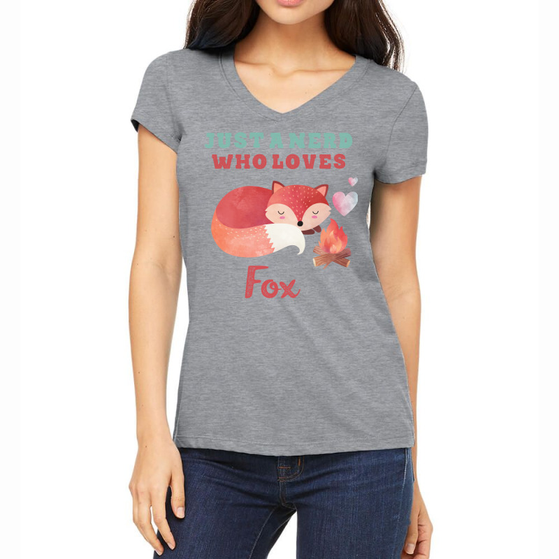 Just A Nerd Who Loves Fox Cute Lettering With Orange Fox Women's V-Neck T-Shirt by dagmanpargak | Artistshot