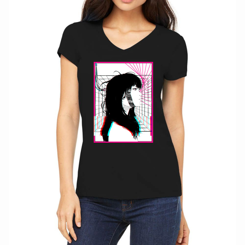 Cyberpunk Cyborg Girl Color Glitch Futuristic Style Women's V-Neck T-Shirt by NancyAllen | Artistshot