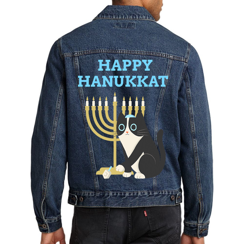 Happy Hanukkat Hanukkah Jewish Cat Kitty Lover Menorah Men Denim Jacket | Artistshot