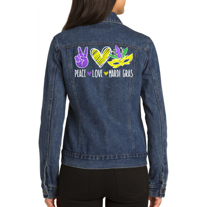 Peace Love Mardi Gras New Orleans Louisiana Parade T Shirt Ladies Denim Jacket by shanesxk | Artistshot