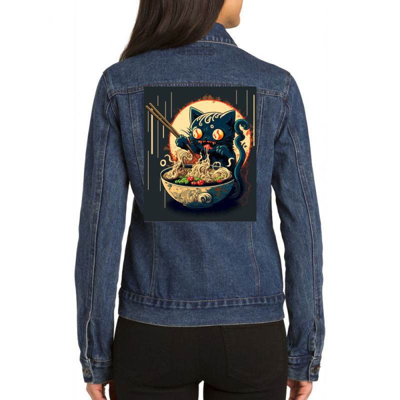 Cat Eating Ramen Ladies Denim Jacket by raillytakekik | Artistshot