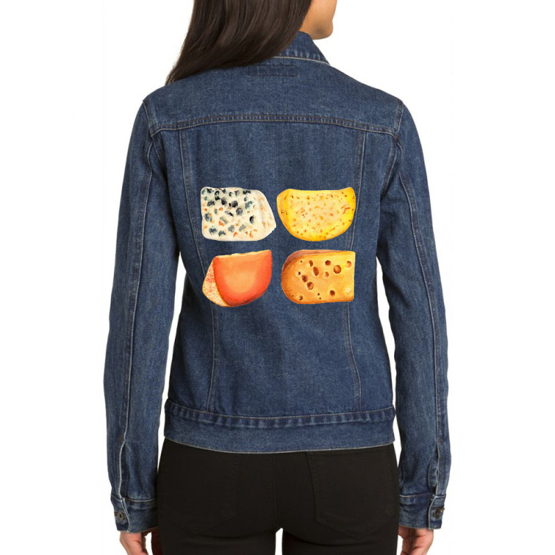 Different Types Of Cheese,cheese Pack Blue Cheese, Maasdam Ladies Denim Jacket by marinah | Artistshot