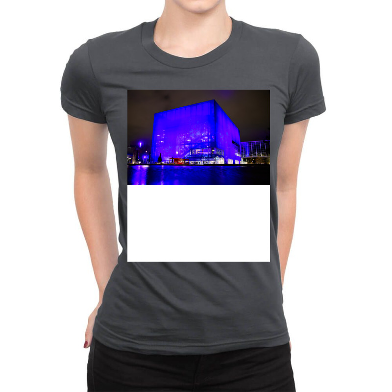 Copenhagen Modern Architecture Blue Lights Music Ladies Fitted T-Shirt by triunfmagonij | Artistshot