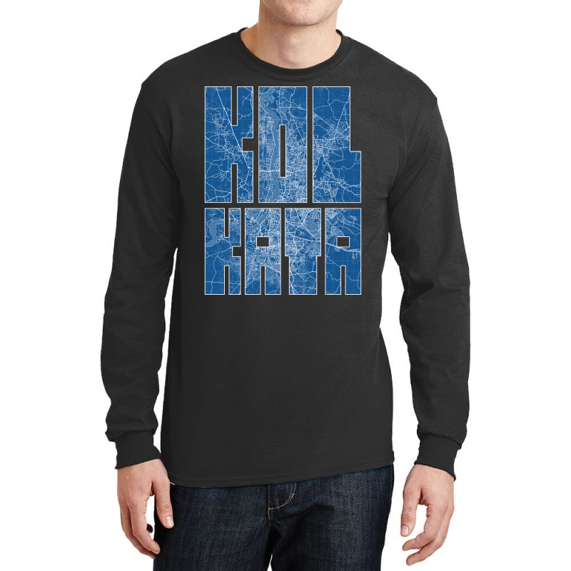 Kolkata India City Map Typography Blueprint Long Sleeve Shirts | Artistshot