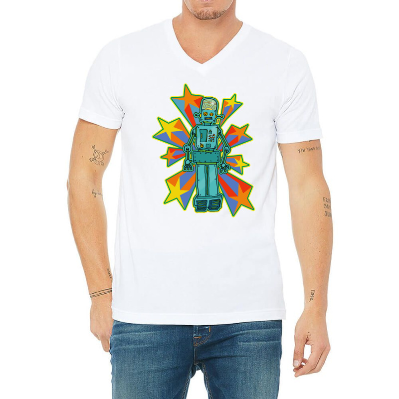 Super Cool Blue Robot With Shooting Stars V-neck Tee | Artistshot