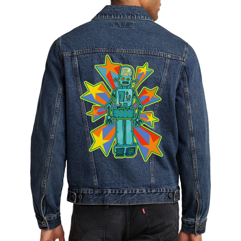 Super Cool Blue Robot With Shooting Stars Men Denim Jacket | Artistshot