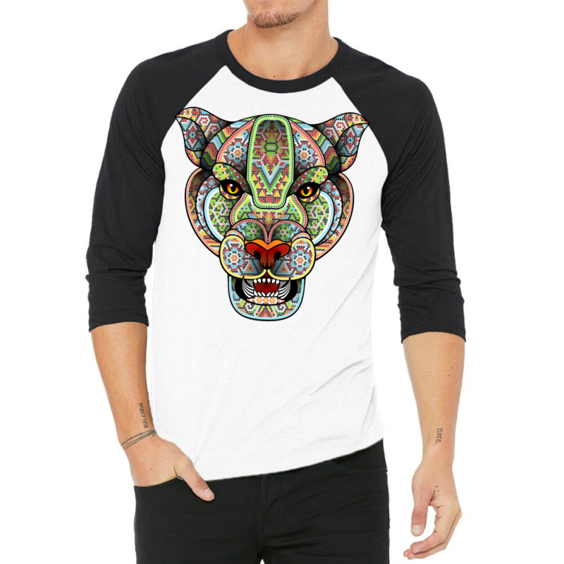 Panther Huichol Sugar Skull Calavera Skull Aztec Art On Back Pullover 3/4 Sleeve Shirt by jessen | Artistshot