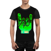 Rock Hand Gesture Space Green Rock N Roll Salute Graphic T-shirt | Artistshot