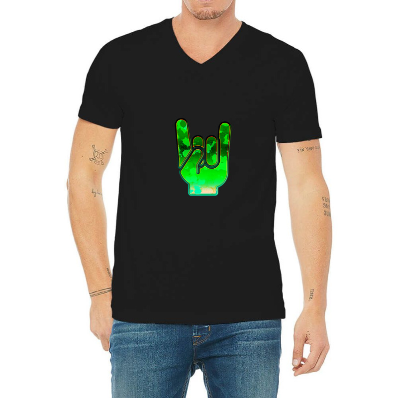 Rock Hand Gesture Space Green Rock N Roll Salute V-Neck Tee by FranklinTepper1 | Artistshot