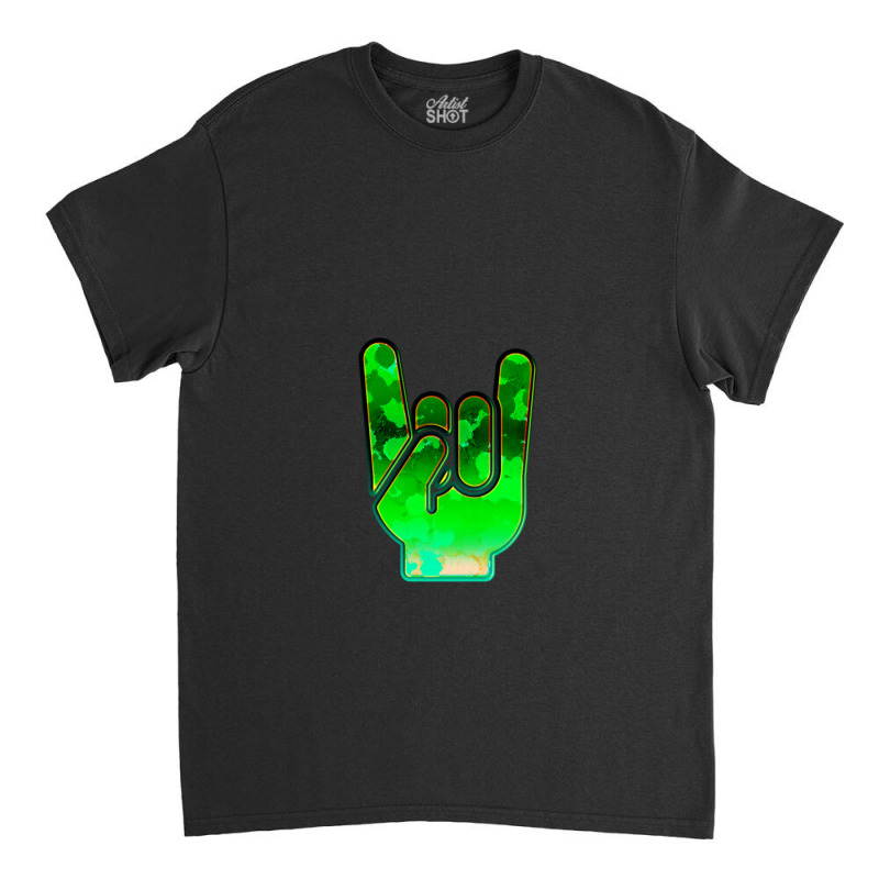 Rock Hand Gesture Space Green Rock N Roll Salute Classic T-shirt by FranklinTepper1 | Artistshot