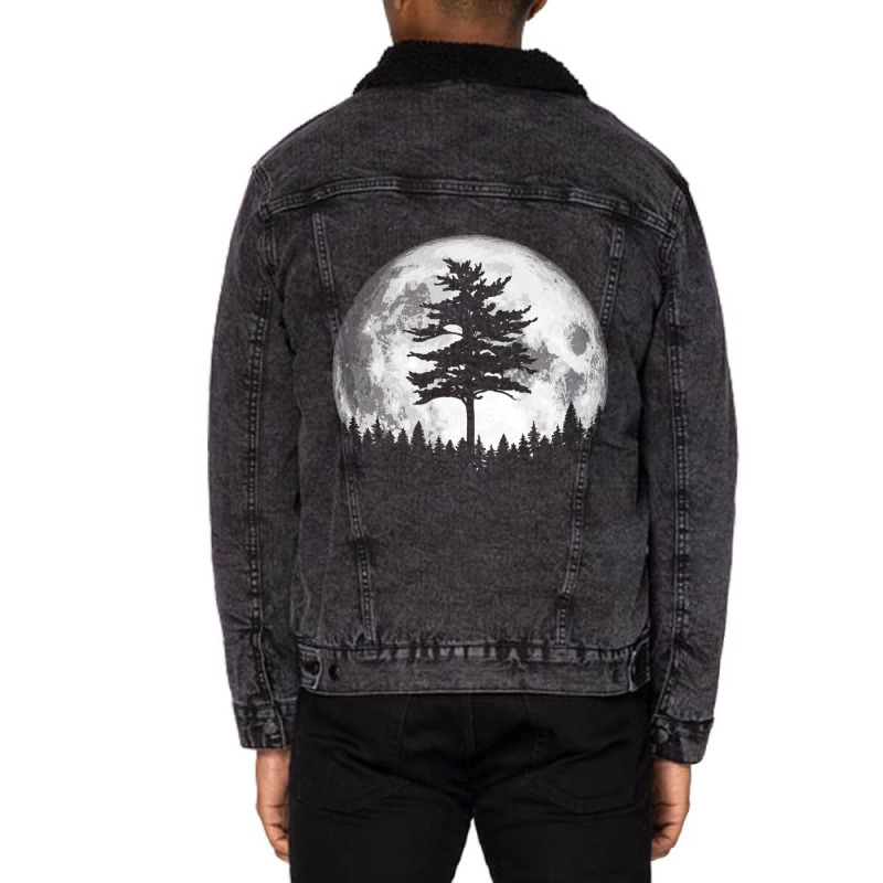 Retro Full Moon & Minimalist Pine Tree Vintage Graphic Pullover Hoodie Unisex Sherpa-lined Denim Jacket | Artistshot