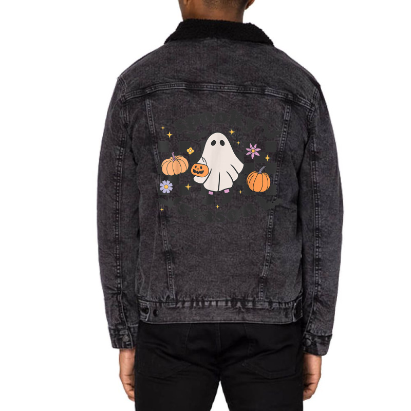 Retro Groovy Spooky Season Halloween Ghost Boo Fall Autumn Unisex Sherpa-lined Denim Jacket | Artistshot