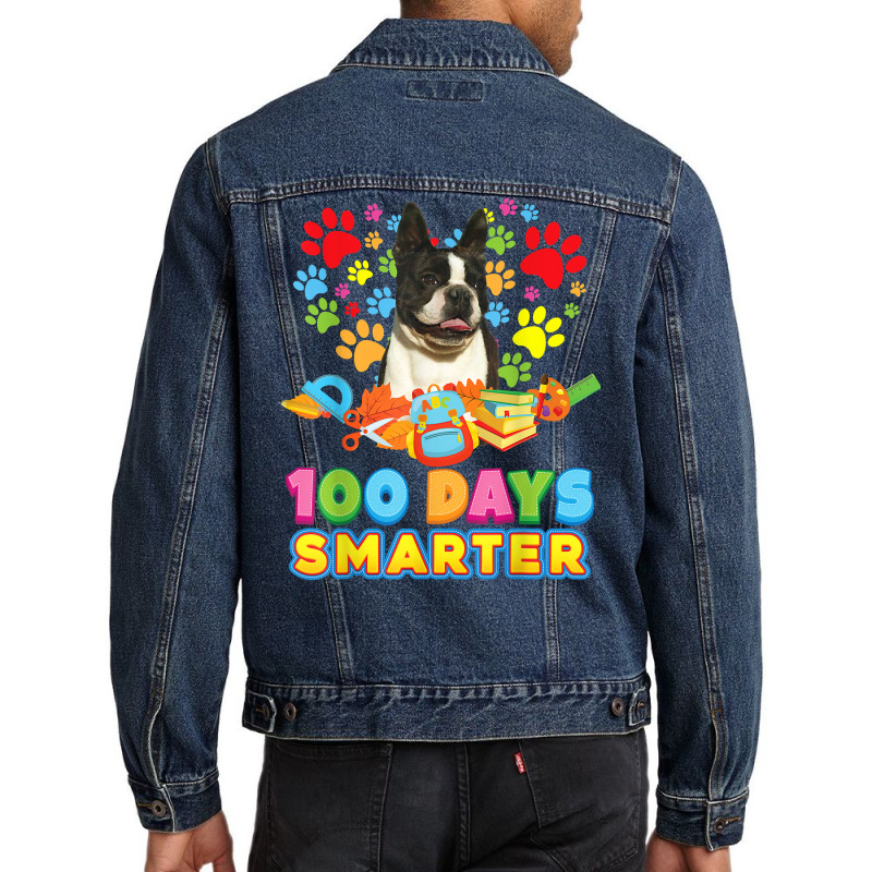 100 Days Smarter Boston Terrier Dog Paw Prints Heart 100th T Shirt Men Denim Jacket | Artistshot