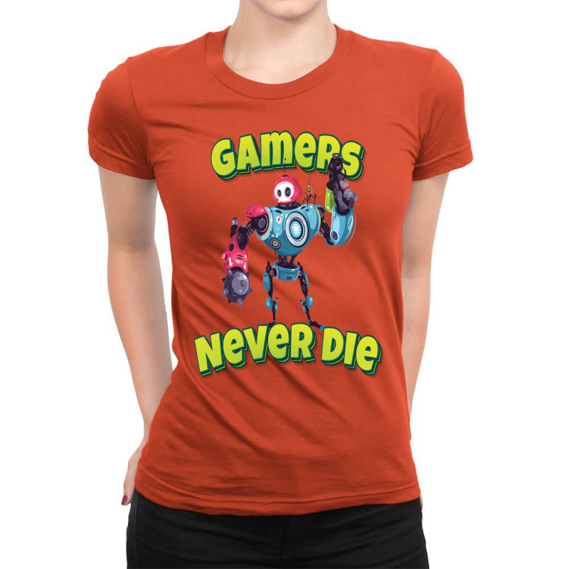 Gamers Never Die Modern Robot With Weapon Ladies Fitted T-Shirt by derkswiffc | Artistshot