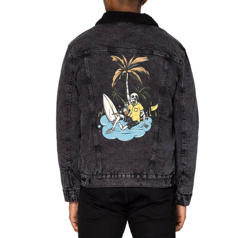 Limited Edition Skeleton Surfer Relax Under The Palm Tree Unisex Sherpa-Lined Denim Jacket by michealyoungerlk01 | Artistshot