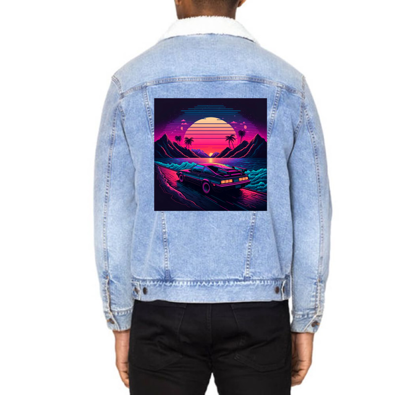 Car Retro Synthwave Unisex Sherpa-Lined Denim Jacket by Agus Creative | Artistshot