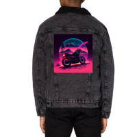 Motorcycle Retro Synthwave Unisex Sherpa-lined Denim Jacket | Artistshot