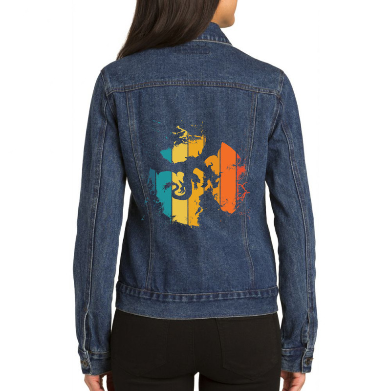 Vintage Cool Dragon Silhouette On The Retro Sunset Dragons Ladies Denim Jacket by MELISSABISHOP | Artistshot