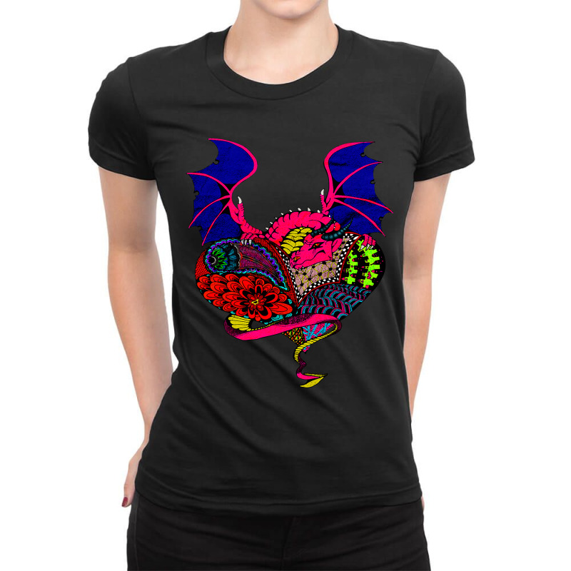 Vintage Pink Dragon Cool Heart Art Ladies Fitted T-Shirt by MELISSABISHOP | Artistshot