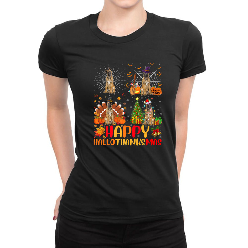 Halloween Thanksgiving Christmas Malinois Dog Hallothanksmas Ladies Fitted T-Shirt by nedalcizmjag | Artistshot