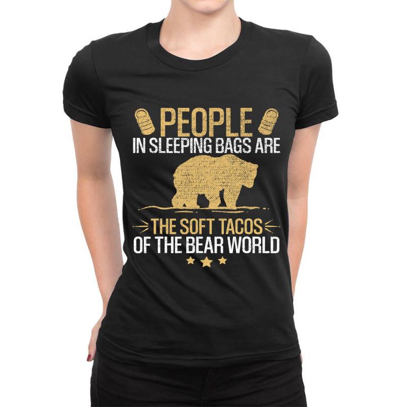 People In Sleeping Bag Funny Bear Retro Camper Camping Ladies Fitted T-Shirt by XAVIERESPREE | Artistshot