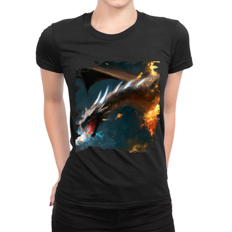 Space Dragon Breathing Fire Ladies Fitted T-Shirt by XAVIERESPREE | Artistshot