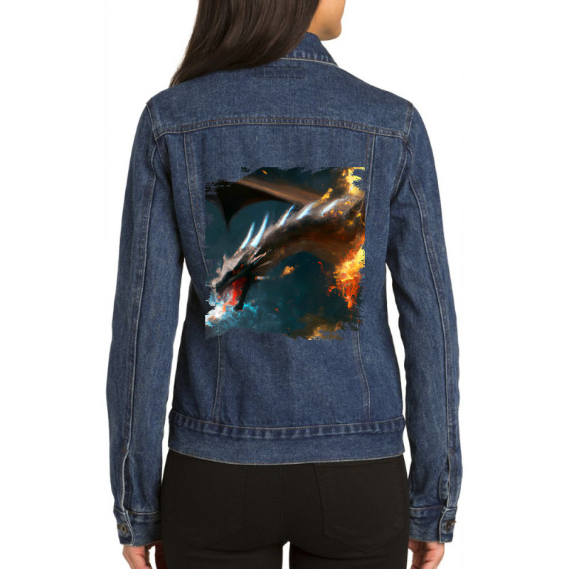 Space Dragon Breathing Fire Ladies Denim Jacket by XAVIERESPREE | Artistshot