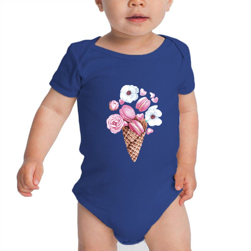 Pink Floral Macaron Ice Cream Cone,pink Floral Macaron Cone Baby Bodysuit by dafarary | Artistshot