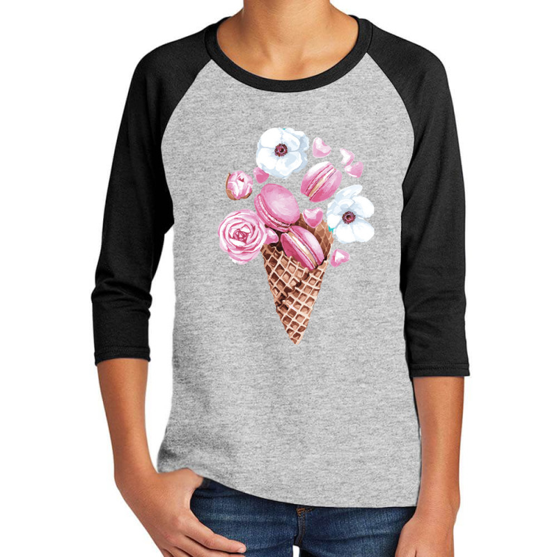 Pink Floral Macaron Ice Cream Cone,pink Floral Macaron Cone Youth 3/4 Sleeve by dafarary | Artistshot