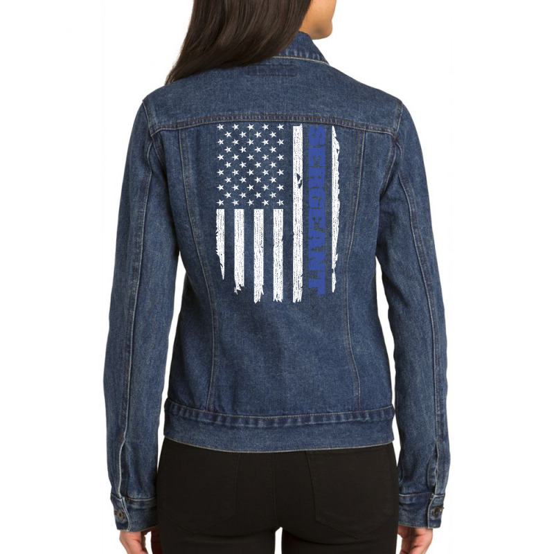 Police Sergeant Thin Blue Line American Flag Usa Ladies Denim Jacket by tiffany.co | Artistshot