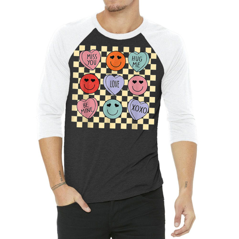 Hearts Happy Face Retro Groovy Valentines Day Women Men T Shirt 3/4 Sleeve Shirt | Artistshot