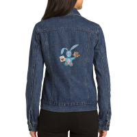 Rabbit Blue Flower Bouquet Flat Texture Watercolor Black Ladies Denim Jacket | Artistshot