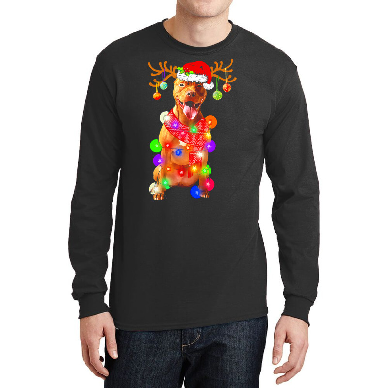 Pitbull Dog T  Shirt Pitbull Reindeer Dog Santa Hat Christmas Lights H Long Sleeve Shirts by hegmannaugustine848 | Artistshot