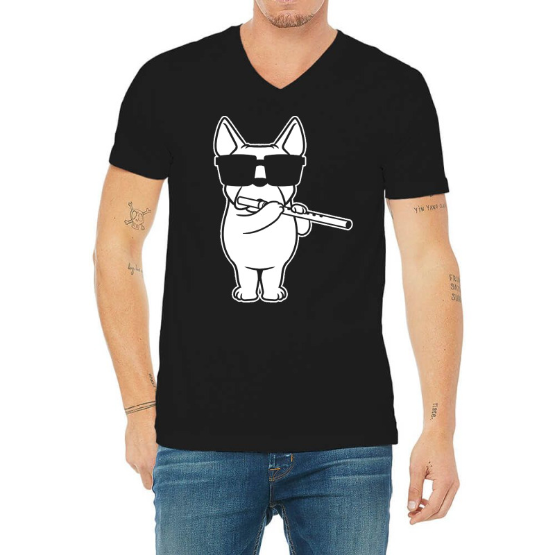 Transverse Flute T  Shirt Flutist Flute Player Dog With Flute T  Shirt V-Neck Tee by hegmannaugustine848 | Artistshot