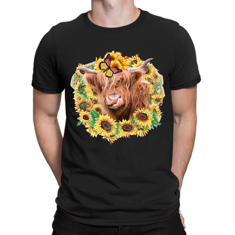 Highland Cow Sunflower Butterfly Farm Animals Western Heifer 141 T-shirt | Artistshot