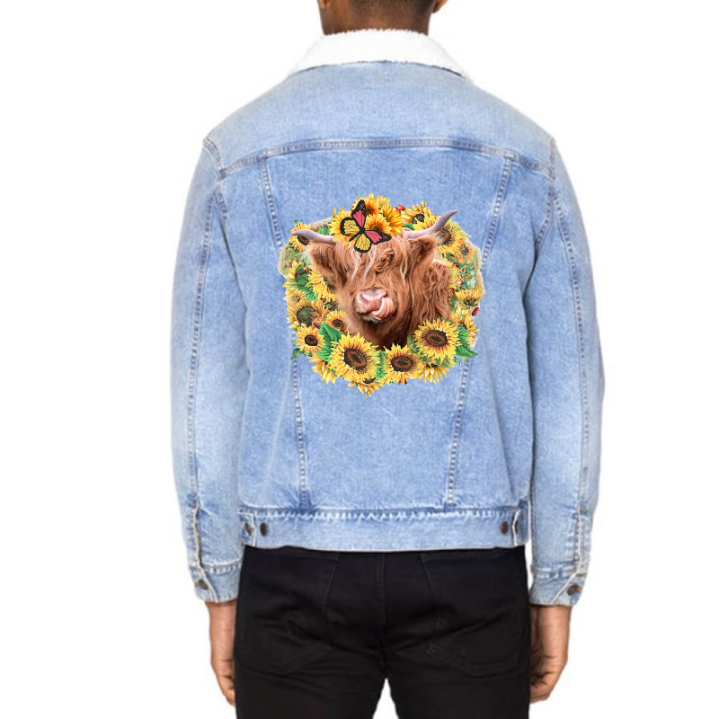 Highland Cow Sunflower Butterfly Farm Animals Western Heifer 141 Unisex Sherpa-lined Denim Jacket | Artistshot