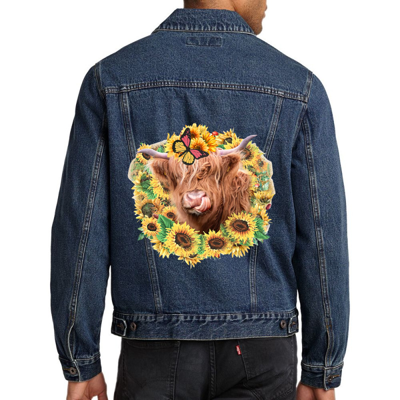 Highland Cow Sunflower Butterfly Farm Animals Western Heifer 141 Men Denim Jacket | Artistshot