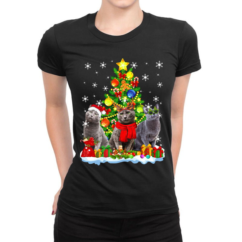 Cute Russian Blue Cat Santa Hat Xmas Tree Christmas Pajama 101 Ladies Fitted T-Shirt by whoretacarpal | Artistshot