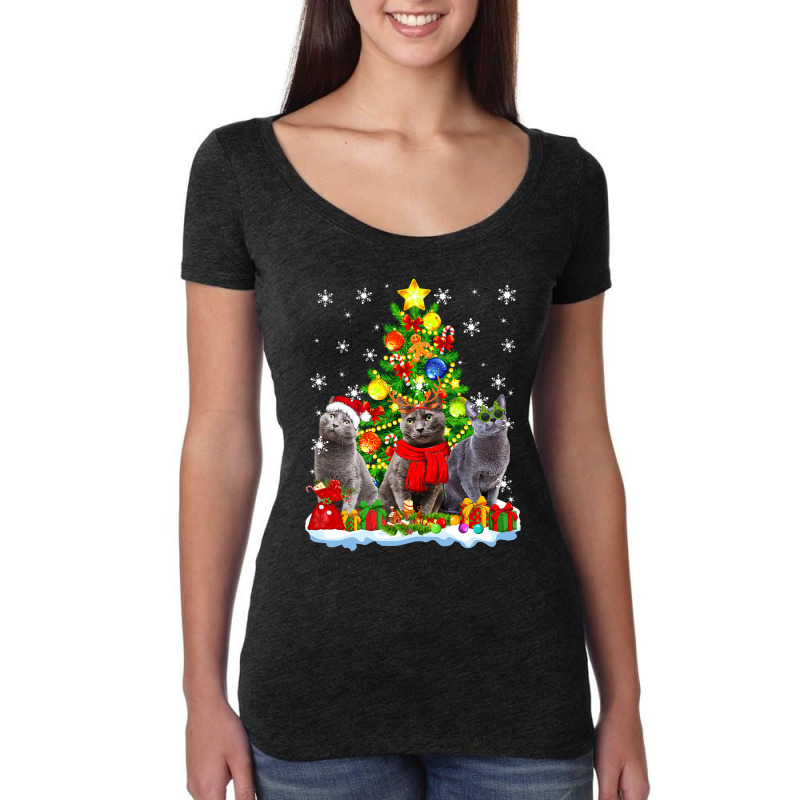 Cute Russian Blue Cat Santa Hat Xmas Tree Christmas Pajama 101 Women's Triblend Scoop T-shirt by whoretacarpal | Artistshot