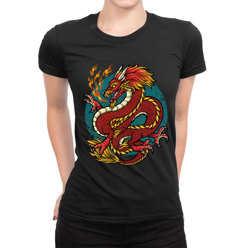 Chinese Japanese Dragon Red Ladies Fitted T-Shirt by whoretacarpal | Artistshot