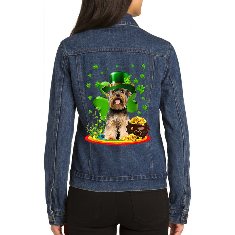 Yorkshire Terrier Dog Shamrock St Patricks Day Dog Ladies Denim Jacket by whoretacarpal | Artistshot