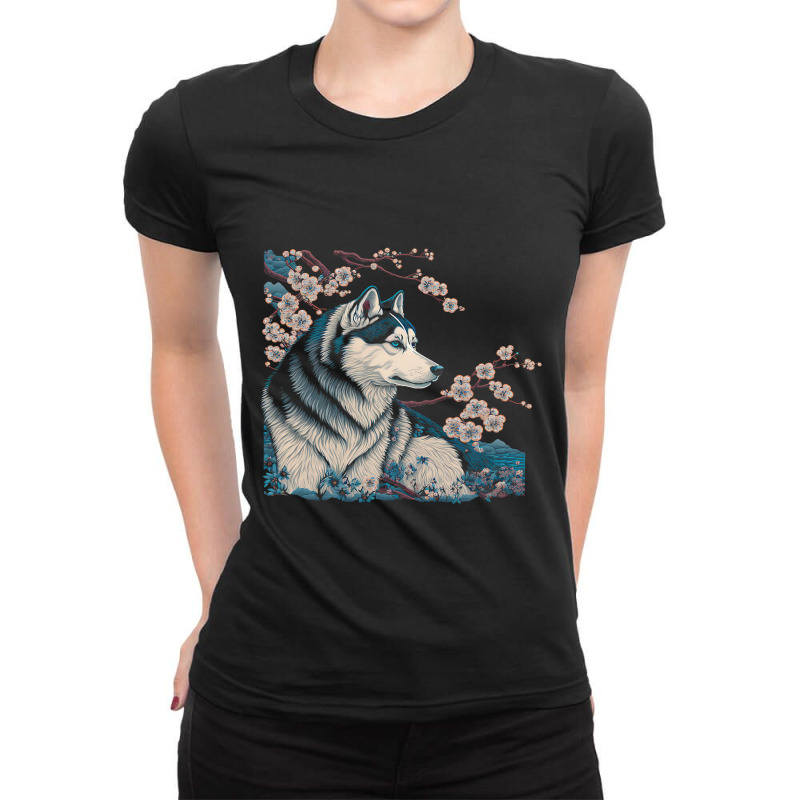 Surrealism Japanese Painting Siberian Husky Dog 3 Ladies Fitted T-Shirt by JONNELLENORTONN | Artistshot