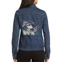 Surrealism Japanese Painting Siberian Husky Dog 3 Ladies Denim Jacket | Artistshot