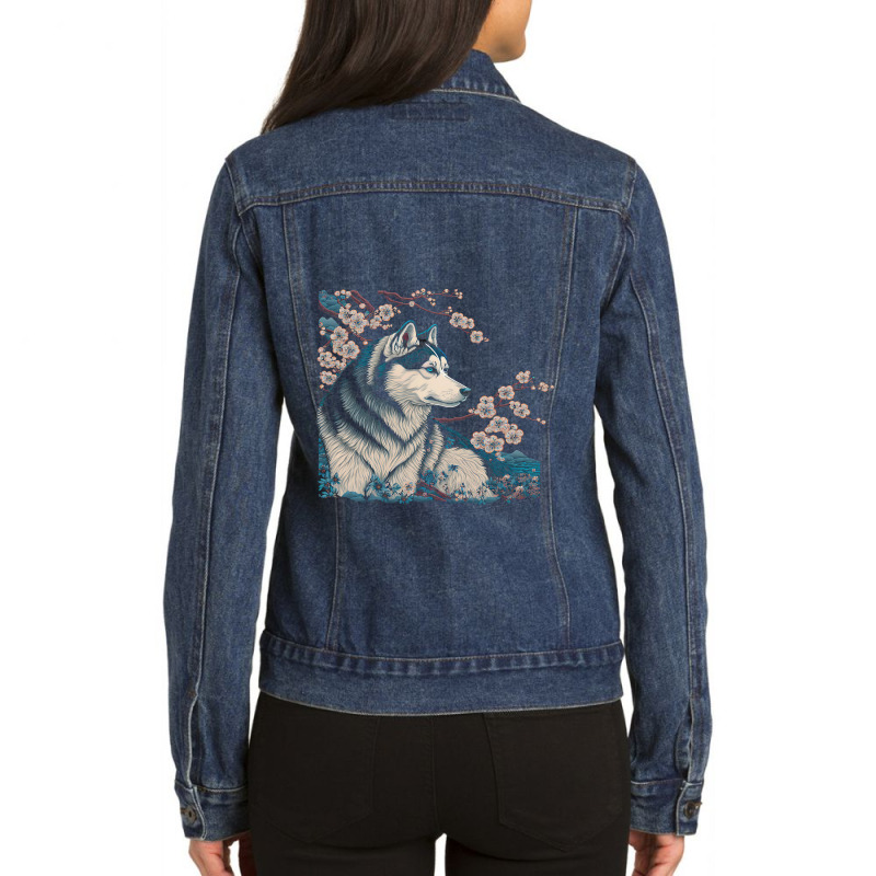 Surrealism Japanese Painting Siberian Husky Dog 3 Ladies Denim Jacket by JONNELLENORTONN | Artistshot