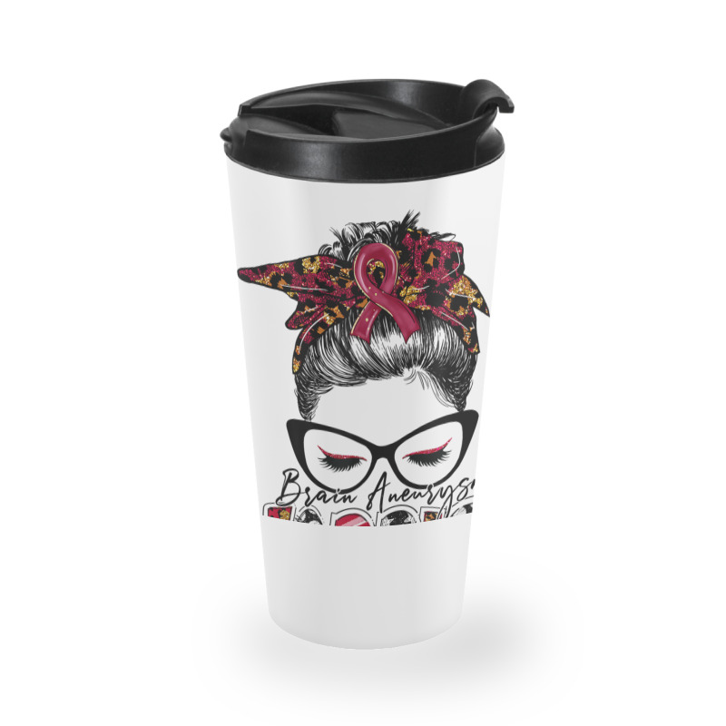 Messy Bun Women Burgundy Ribbon Brain Aneurysm War Travel Mug | Artistshot